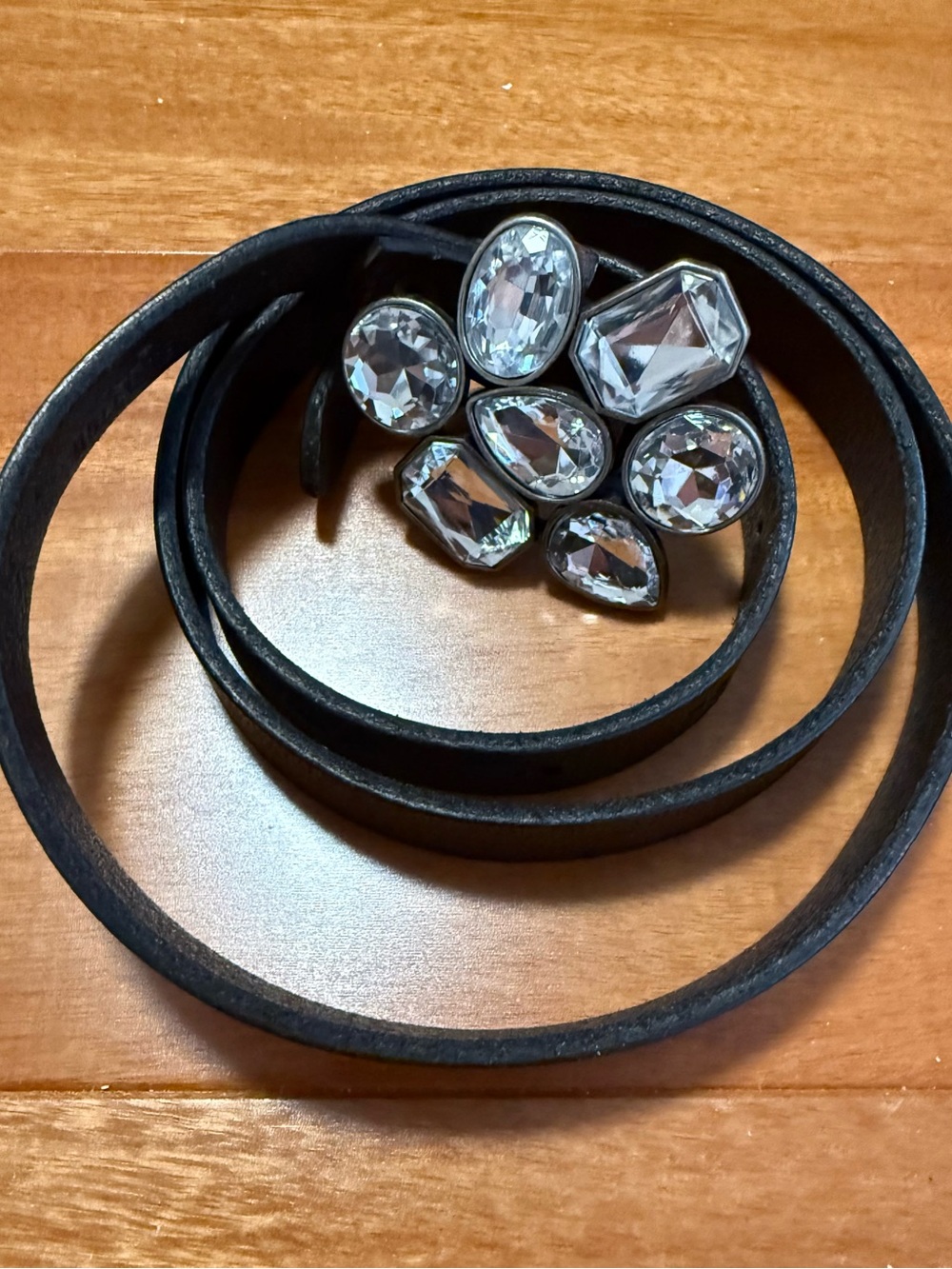 Black Leather Belt with Large Clear Gemstone Buckle